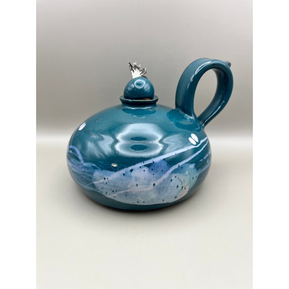Signed Studio Pottery Oil Lamp Teal Glaze Swirl Ceramic Wick Teresa Bowen 1980s